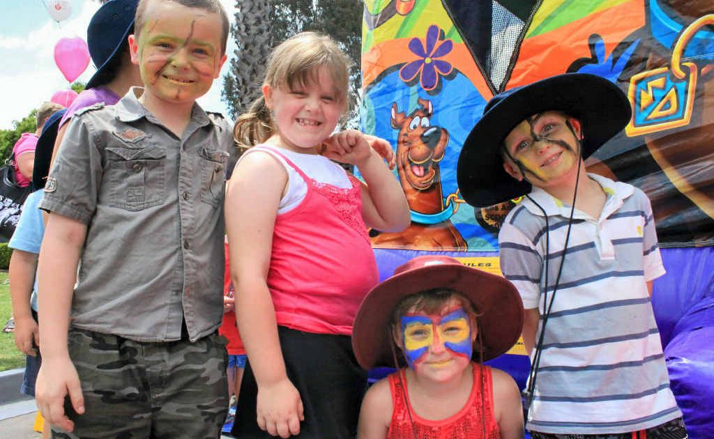 Connor, Kirralee, Taylah and Couper Swan line up for the jumping castle at McHappy Day on Saturday. Connor, Kirralee, Taylah and Couper Swan line up for the jumping castle at McHappy Day on Saturday.